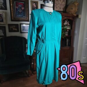 Vintage 80s Michael B Ltd. Teal Sheath Midi Dress Button Accent Long Sleeve
